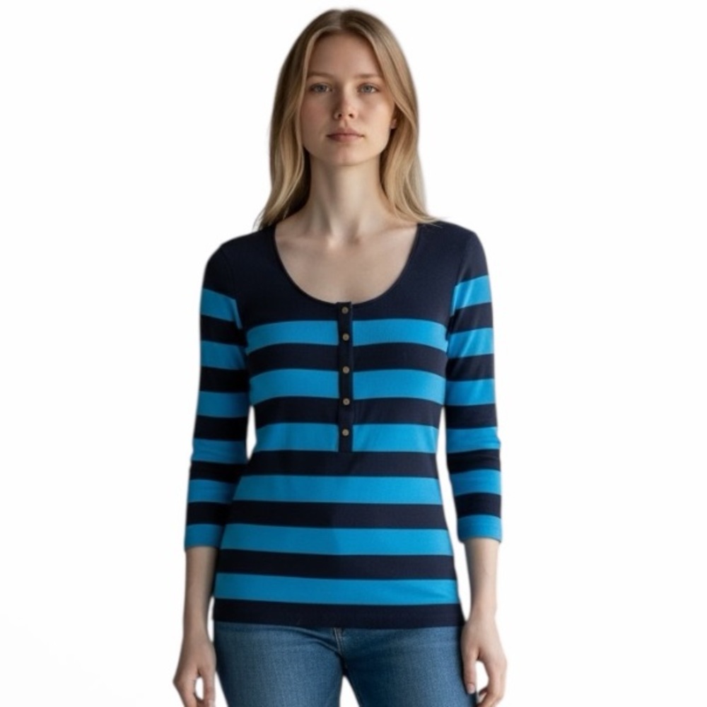 Hugo Boss Women's Striped Long Sleeve Top - Navy and Sky Blue - Casual -Size XS